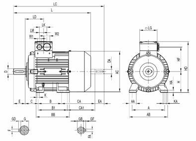 Габаритные и присоединительные размеры электродвигателя 1LA9 с 56 по 90 габарит (IMB3-лапы)
